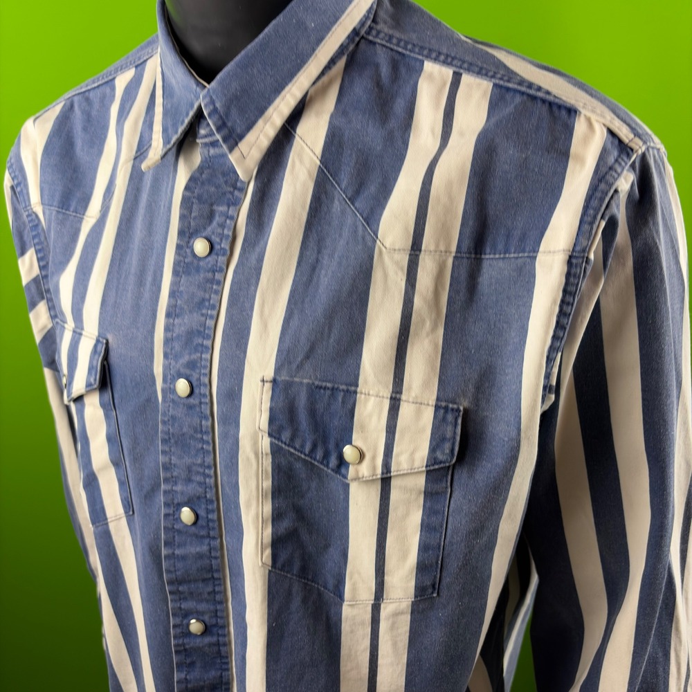 VTG 90s Wrangler Brushhopper Denim Pearl Snap Shirt Blue Wide Striped Mens XL